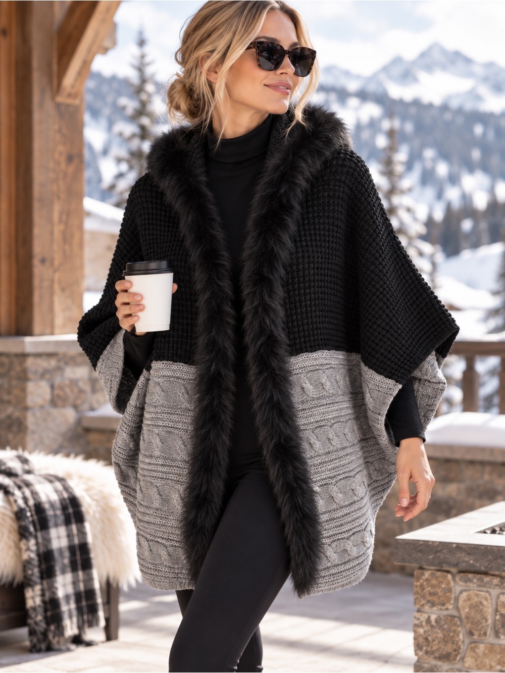 Metro Knit Fur Collection Raccoon Fur Cable Knit Hooded Poncho Cape M Après Ski